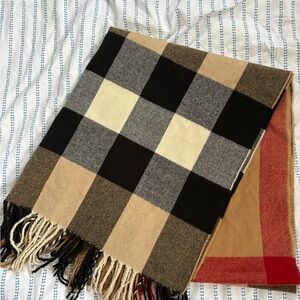 Two sided Plaid Fringe Scarf in Black, Beige, Cream and Red
